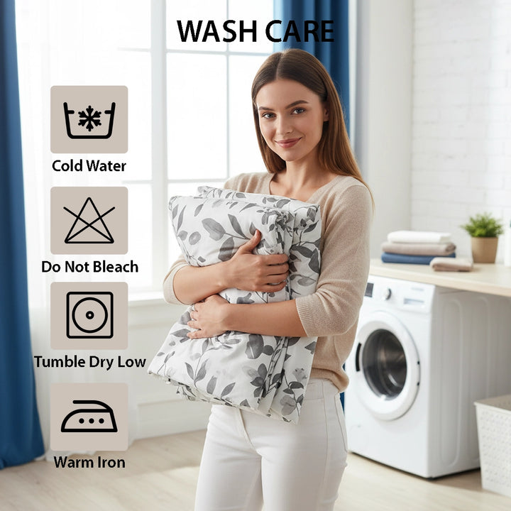 White and grey foliage bed sheet paired with quilt cover and pillow cover