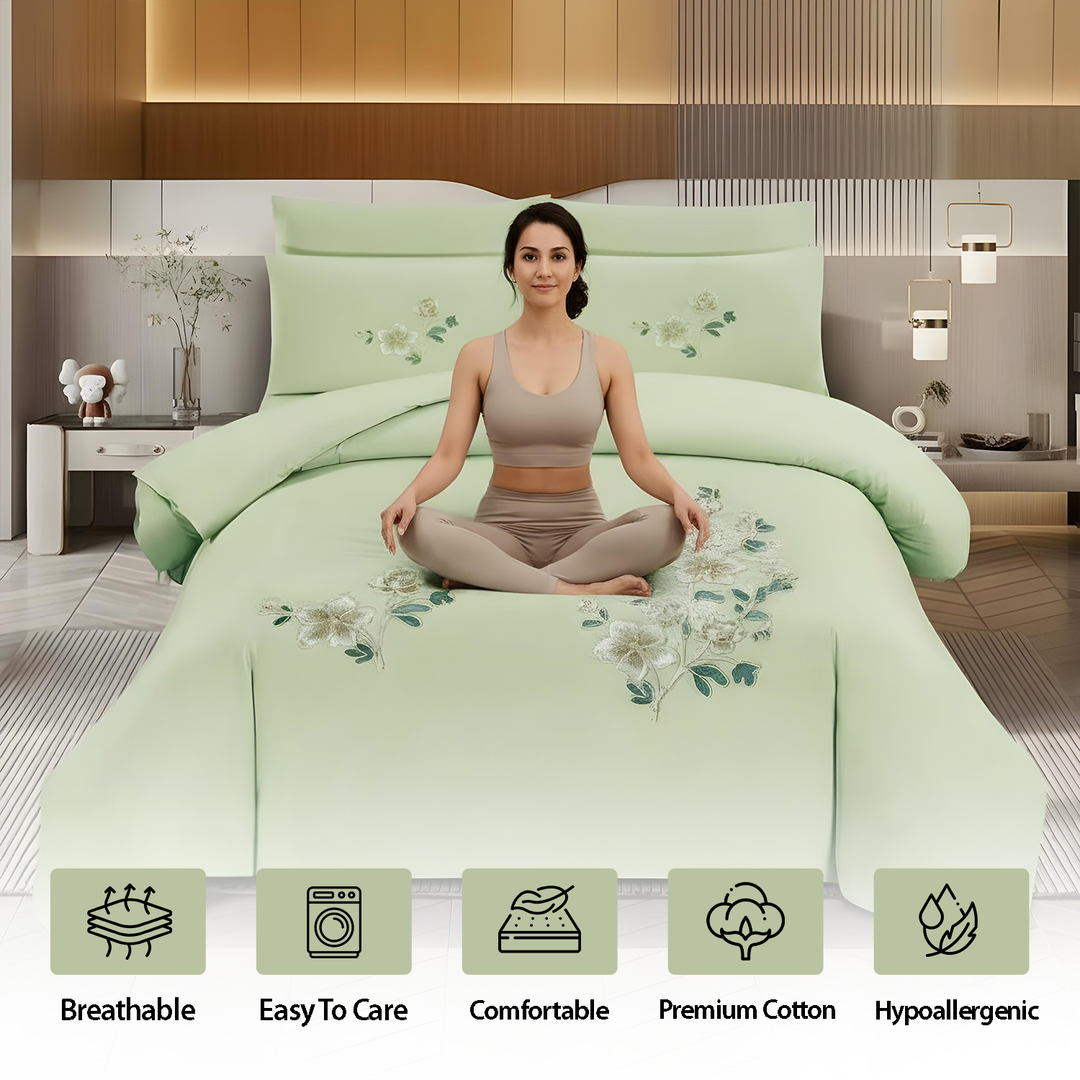 Luxury embroidered duvet cover set in soft green for modern bedrooms