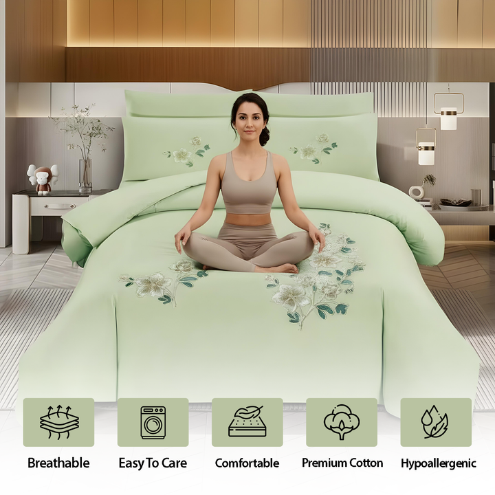Luxury embroidered duvet cover set in soft green for modern bedrooms