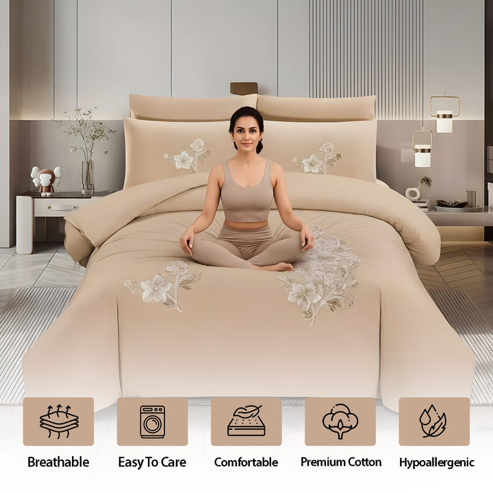 King size beige duvet cover set with elegant floral embroidery finish