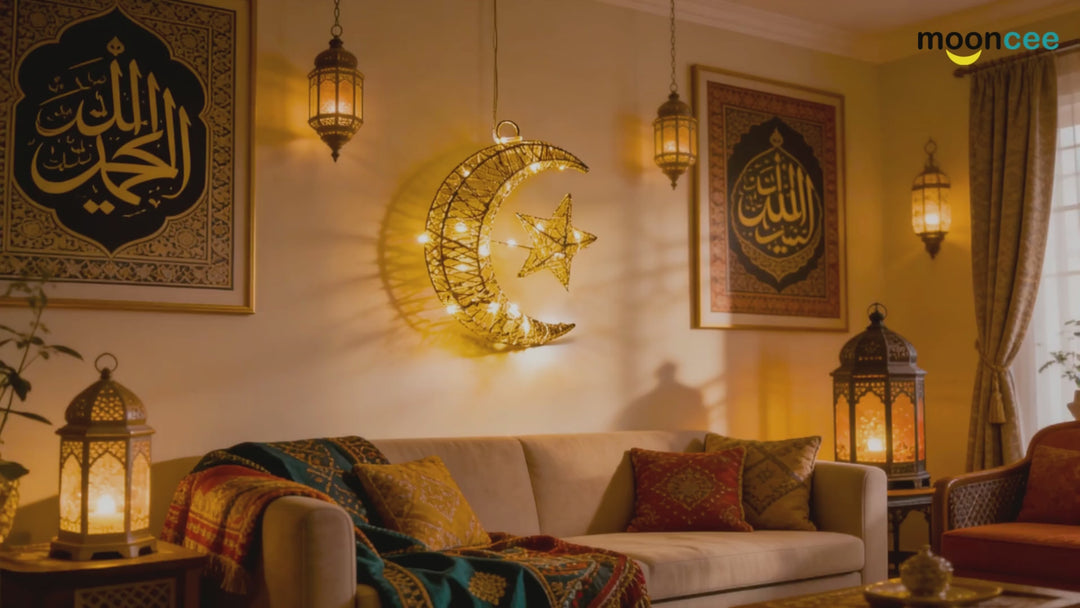 Ramadan Crescent LED Lantern Light – 3D Golden Hilal Eid Mubarak Home Decor Lamp