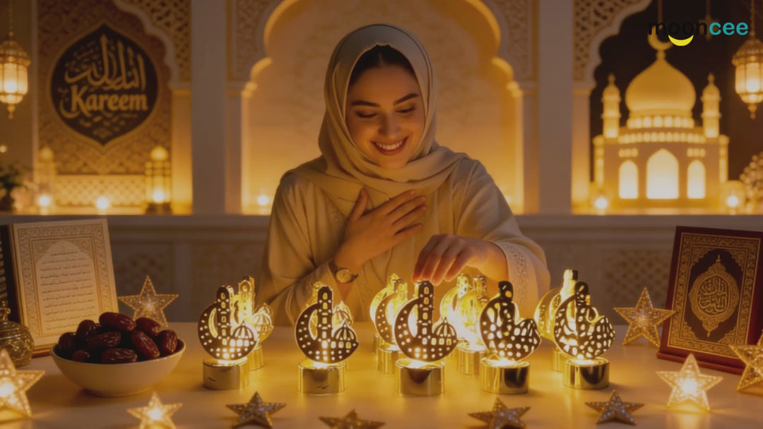 12 Pcs Ramadan Mubarak Crescent LED Table Lights – Warm Glow Islamic Home Decor Set