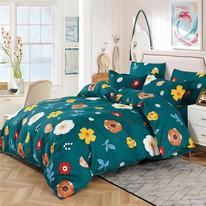 Blue background bedding with multicolor flowers on bed sheet, quilt cover, and pillow cover