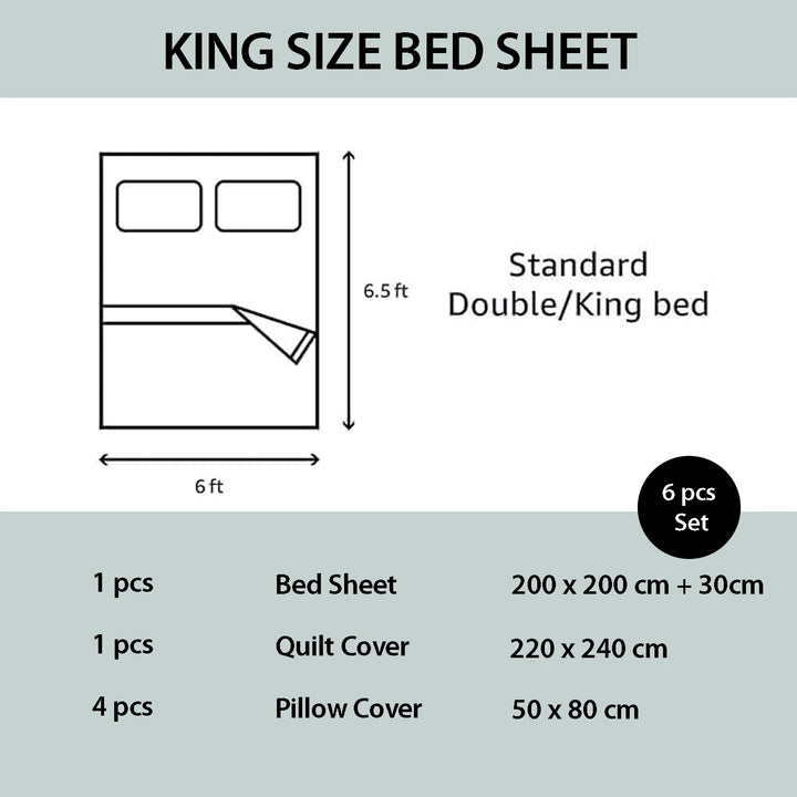 King size bed sheet set with dimensions and components 