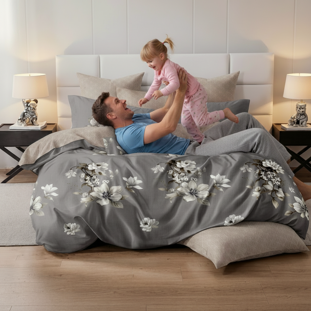 Soft grey bedding with decorative floral print