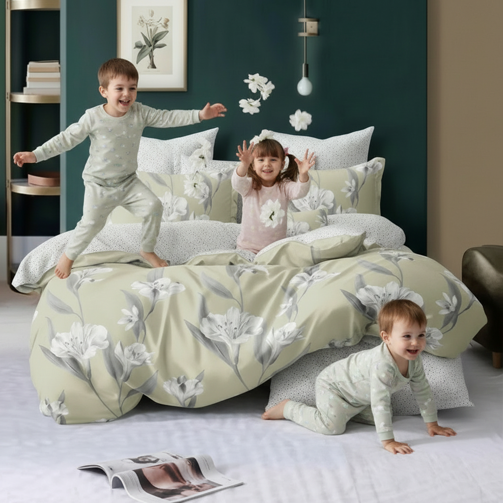 Modern bedroom with sage green duvet cover set mooncee