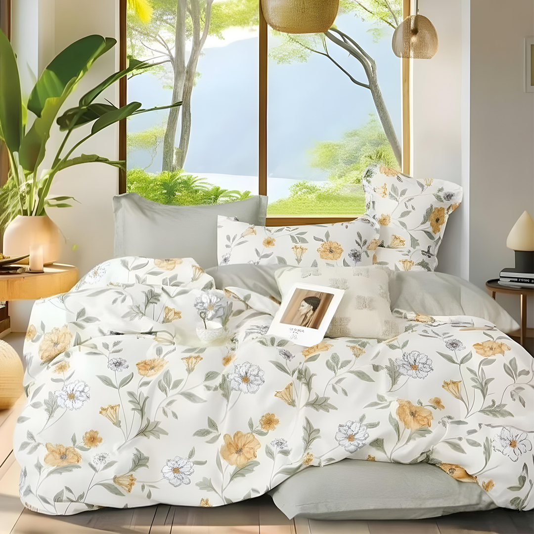 Cream bedding covered with yellow and grey floral illustrations