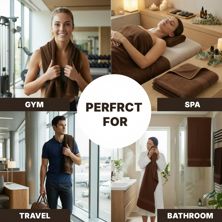 Collage of a brown towel being used in various settings including gym, spa, travel, and bathroom.