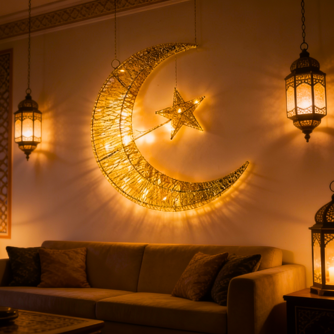 Ramadan Crescent LED Lantern Light – 3D Golden Hilal Eid Mubarak Home Decor Lamp