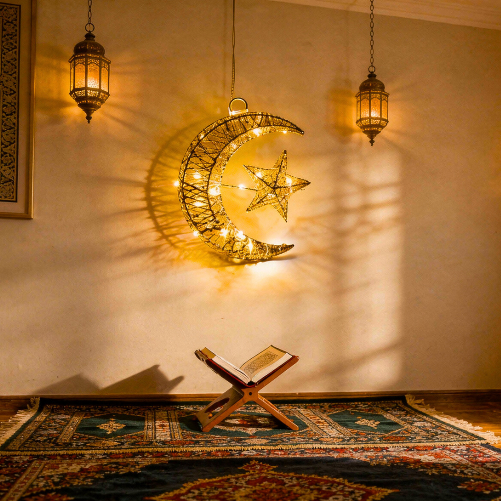 Warm golden crescent moon and star LED hanging light for Ramadan décor