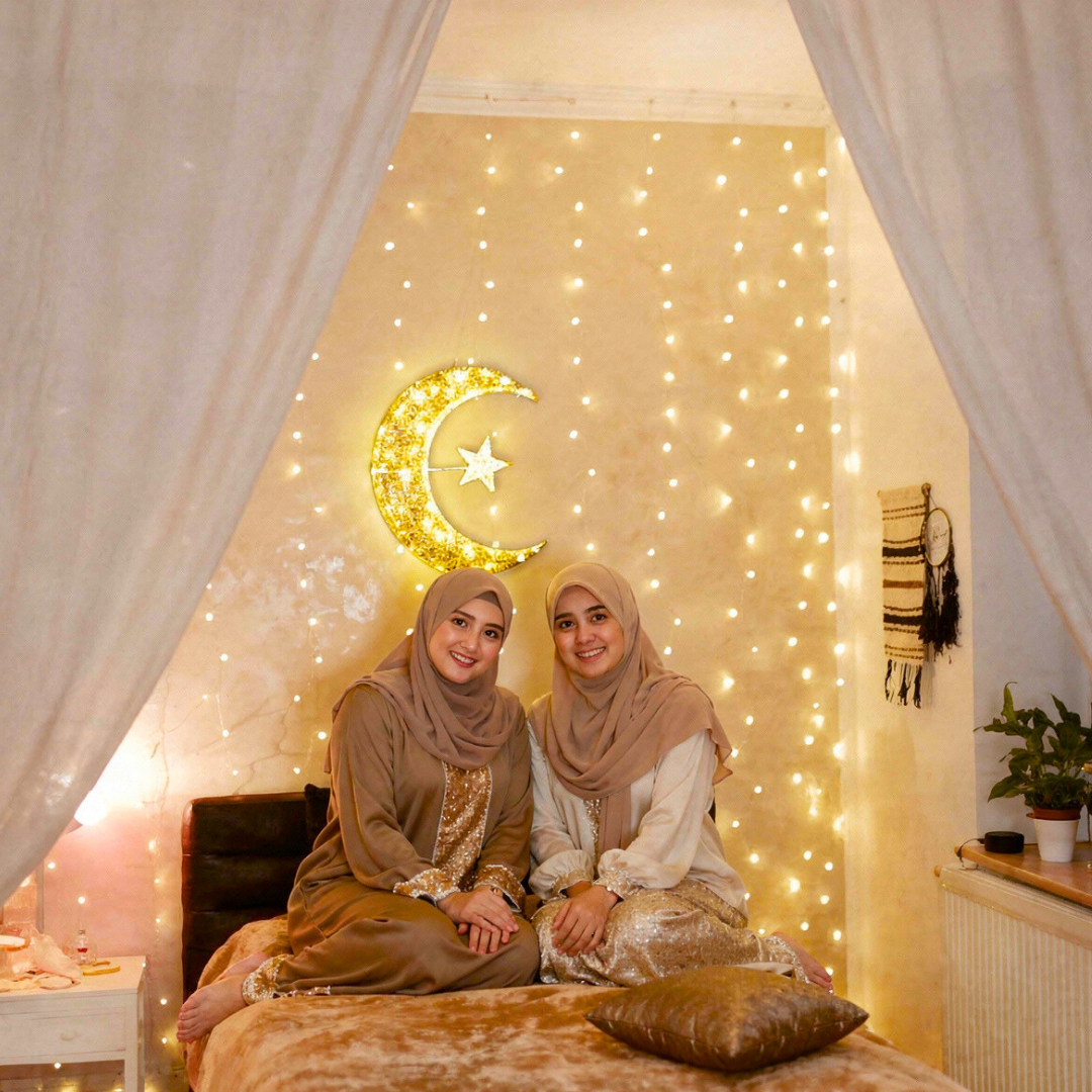 Ramadan Crescent LED Lantern Light – 3D Golden Hilal Eid Mubarak Home Decor Lamp