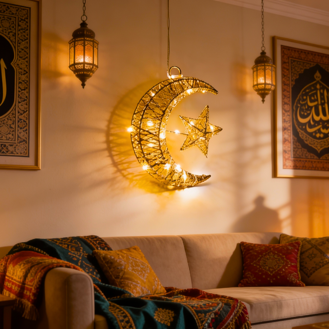 Ramadan Crescent LED Lantern Light – 3D Golden Hilal Eid Mubarak Home Decor Lamp