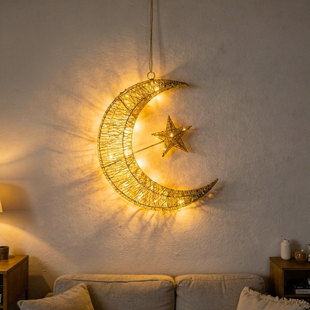 Ramadan Crescent LED Lantern Light – 3D Golden Hilal Eid Mubarak Home Decor Lamp