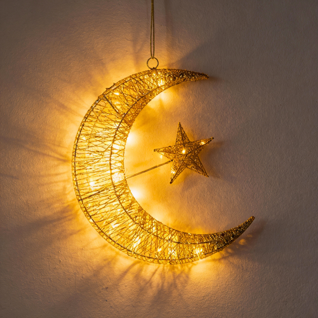Ramadan Crescent LED Lantern Light – 3D Golden Hilal Eid Mubarak Home Decor Lamp