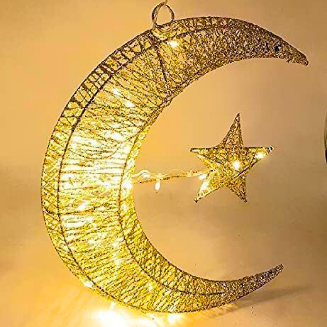 Ramadan Crescent LED Lantern Light – 3D Golden Hilal Eid Mubarak Home Decor Lamp