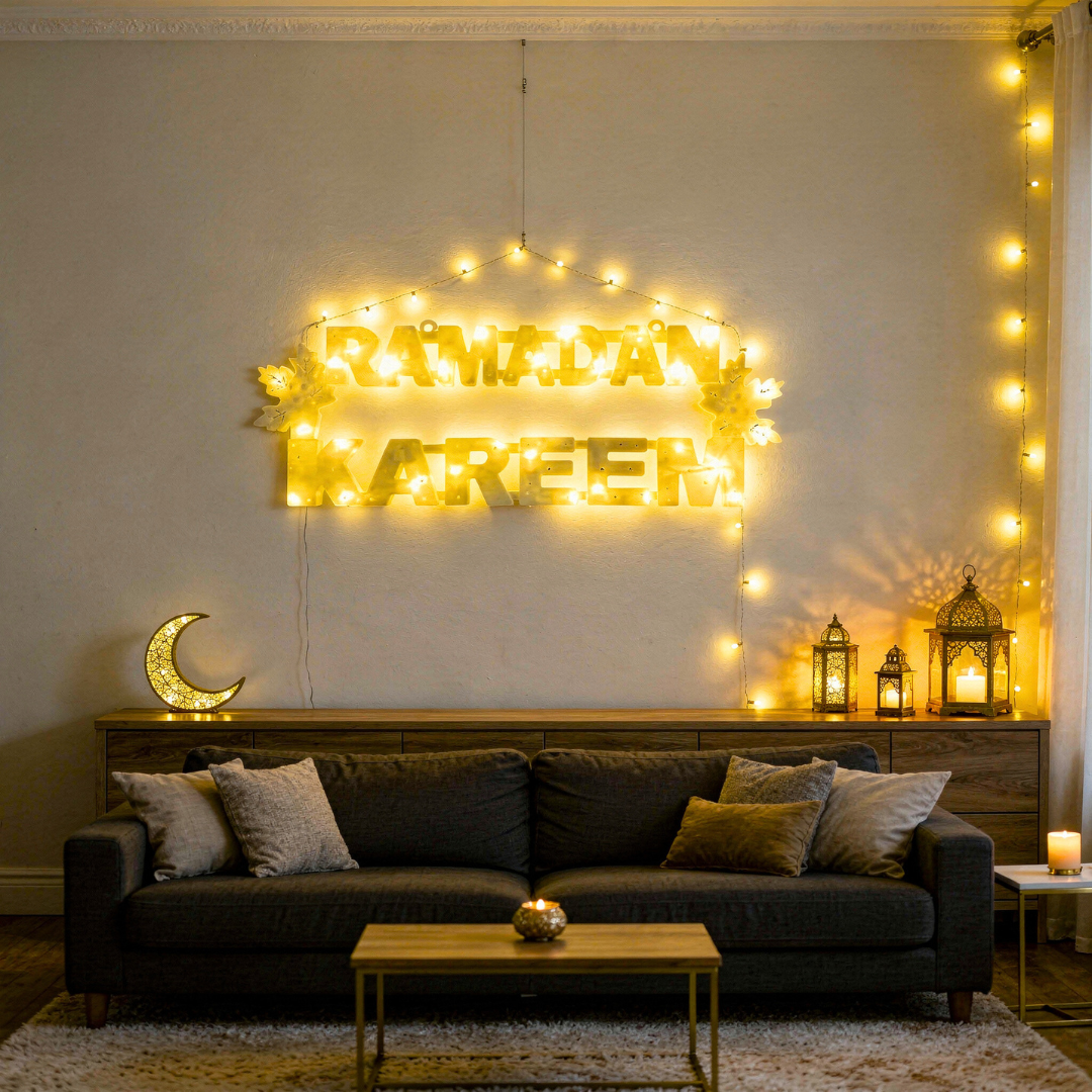 Ramadan Mubarak LED light in english script with warm golden glow for festive décor