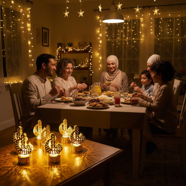 12 Pcs Ramadan Mubarak Crescent LED Table Lights – Warm Glow Islamic Home Decor Set