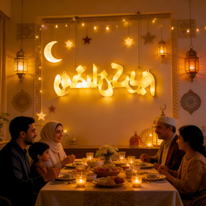 Arabic Ramadan Mubarak LED wall light with warm golden glow, ideal for Ramadan décor