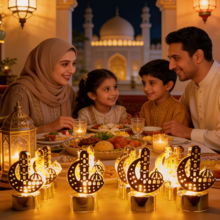 12 Pcs Ramadan Mubarak Crescent LED Table Lights – Warm Glow Islamic Home Decor Set