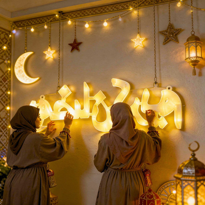 Ramadan Mubarak decorative LED light in Arabic script, softly illuminated