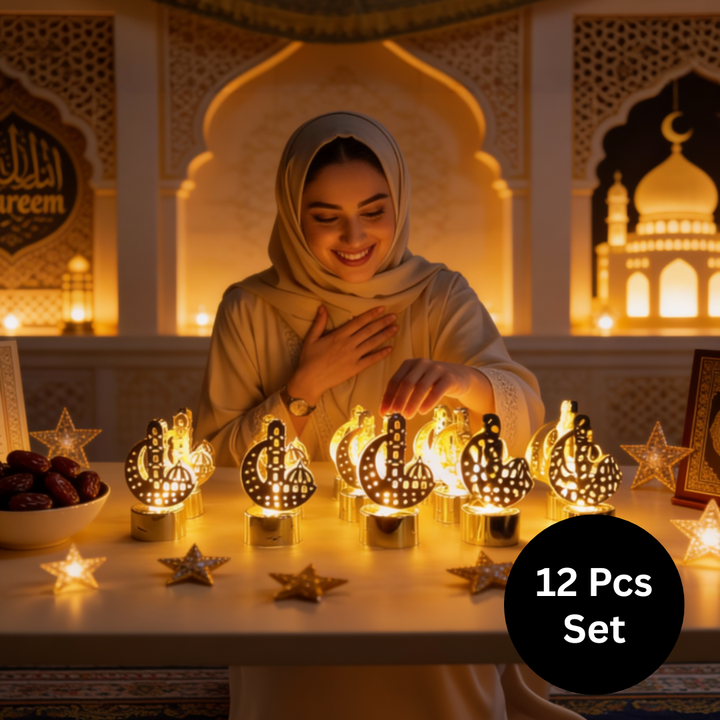 12 Pcs Ramadan Mubarak Crescent LED Table Lights – Warm Glow Islamic Home Decor Set
