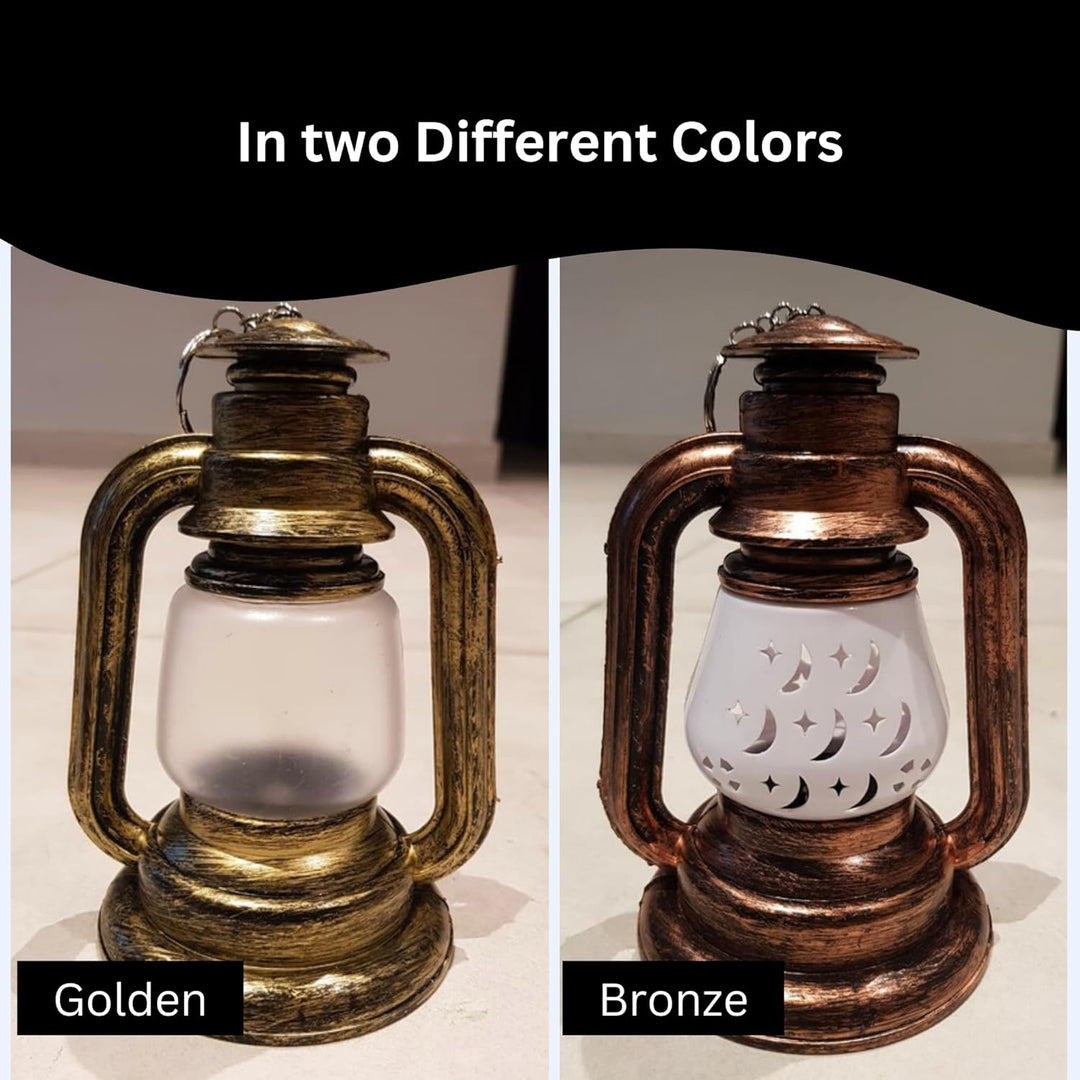 Two lanterns in golden and bronze colors with decorative designs on a neutral background.
