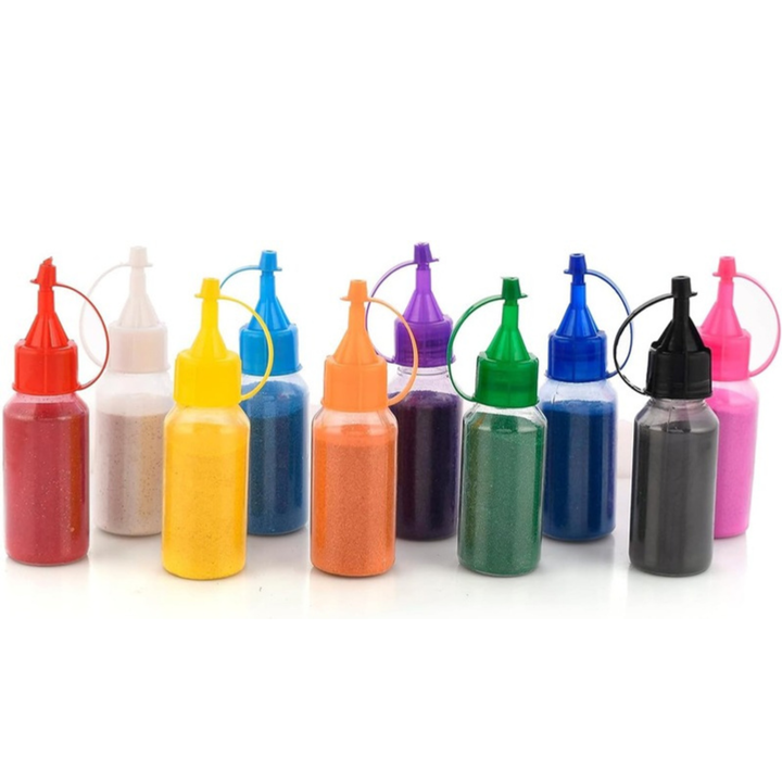 Set of colorful squeeze bottles filled with decorative colored sand