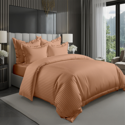 Brown striped bedding set including bedsheet, duvet cover, fitted sheet, and pillowcases