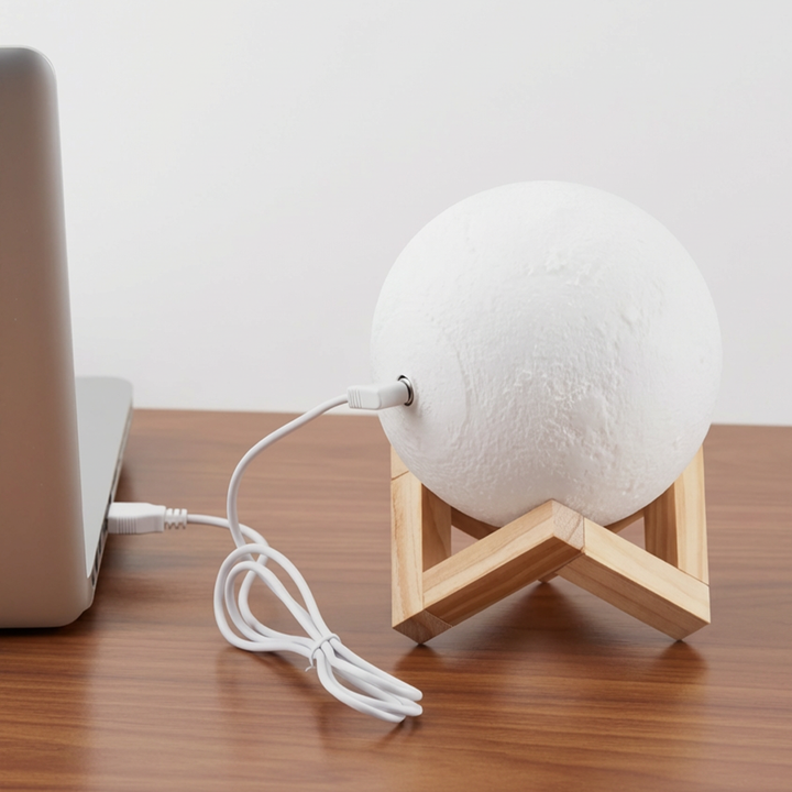 Realistic moon texture lamp with wooden stand for home décor