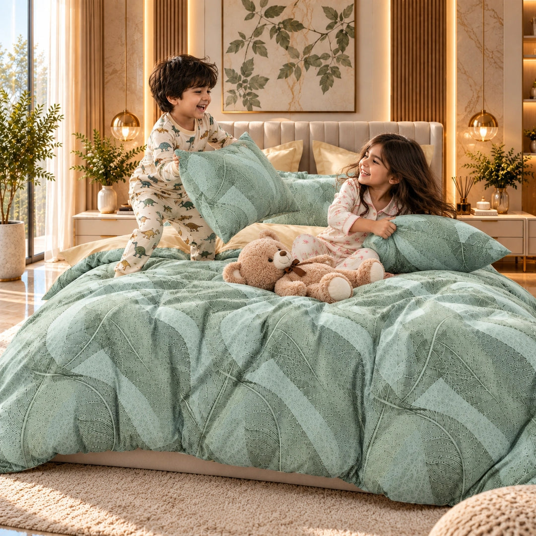 6 PCs King Size Green Leaf Pattern Duvet Cover Bedding Set with Soft Botanical Design for Bedroom (6FS216)
