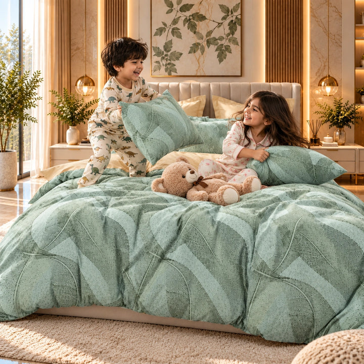6 PCs King Size Green Leaf Pattern Duvet Cover Bedding Set with Soft Botanical Design for Bedroom (6FS216)