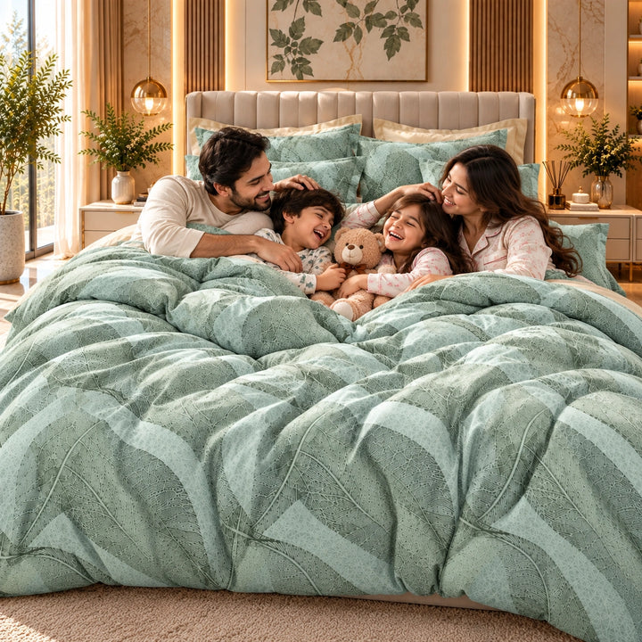 6 PCs King Size Green Leaf Pattern Duvet Cover Bedding Set with Soft Botanical Design for Bedroom (6FS216)