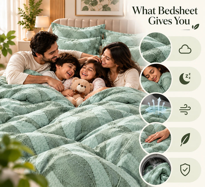 6 PCs King Size Green Leaf Pattern Duvet Cover Bedding Set with Soft Botanical Design for Bedroom (6FS216)