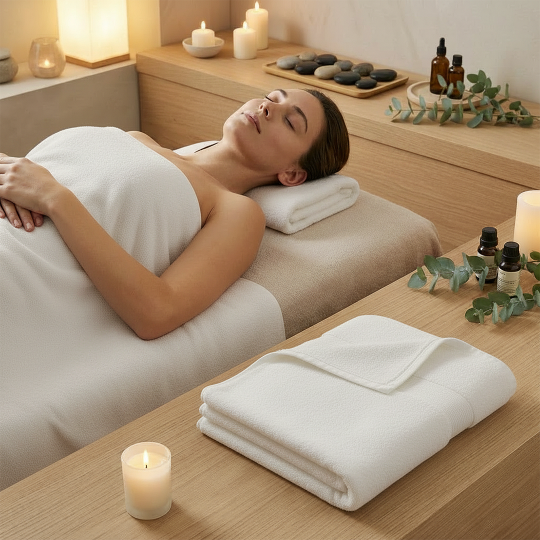 Stacked spa towels in white with dense cotton weave