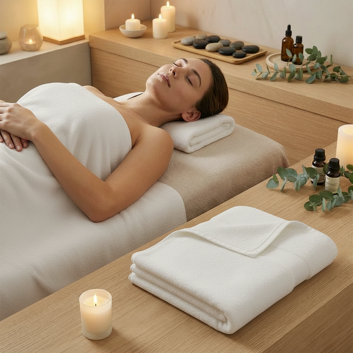 Stacked spa towels in white with dense cotton weave