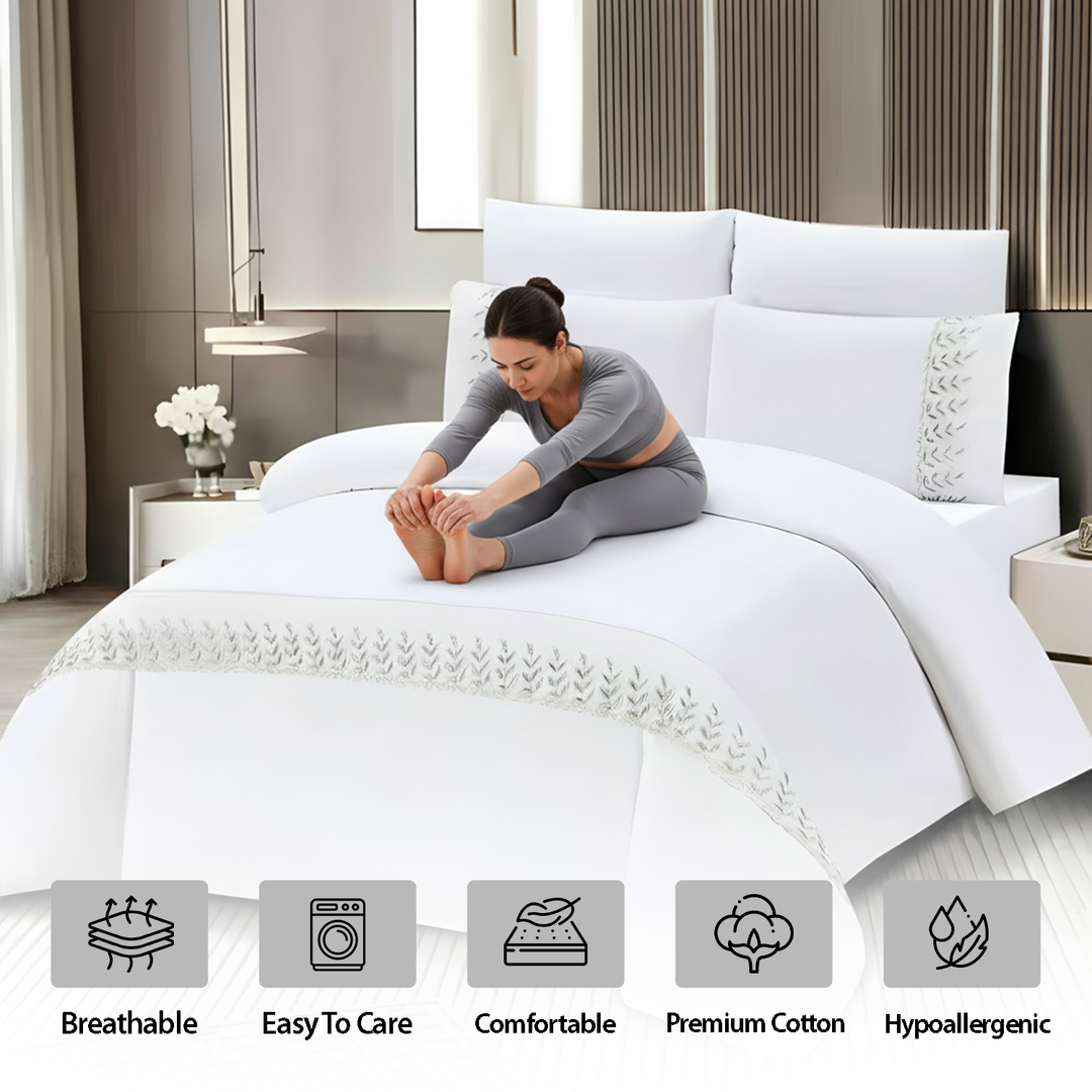 King Size White Bedding Set 6 PCs  for Newlyweds - Duvet Sheet & Pillowcases (White Silver)