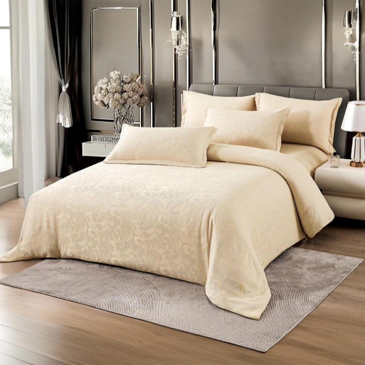 Elegant Beige Jacquard Bedding Set 6 PCs - Duvet and Pillowcases Bedroom Decor (6FM68)