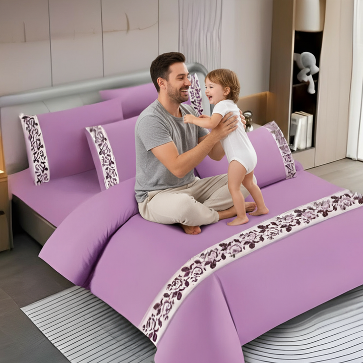 Pattern Border Cotton King Size Bed Sheets 6 PCs - Fitted Sheet, Duvet & Pillowcases(6TQ12)