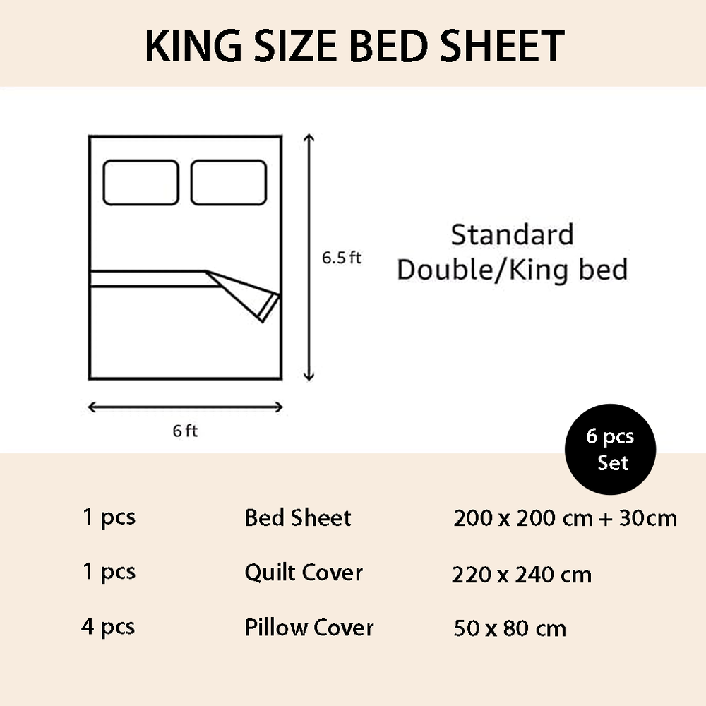 King size bed sheet set with dimensions and piece details on a mooncee uae