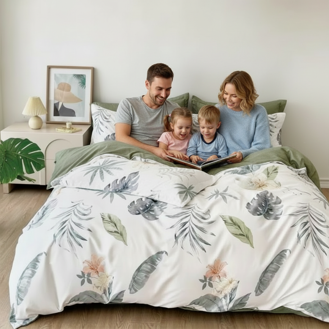Printed duvet cover displaying palm and leaf illustrations