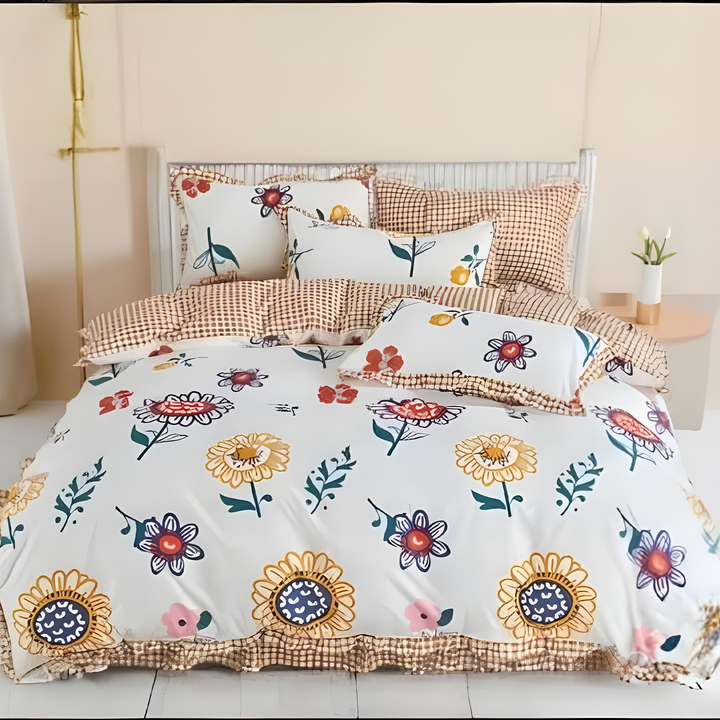 Floral Printed Cotton Bedsheet Set 6 PCs with Sunflower  Design - Cheerful Style (6TQ03)