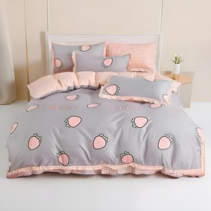 King Size Printed Linen Bedding Set 6 Pcs - Duvet Cover, Fitted Sheet & Pillowcases (6TQ02)