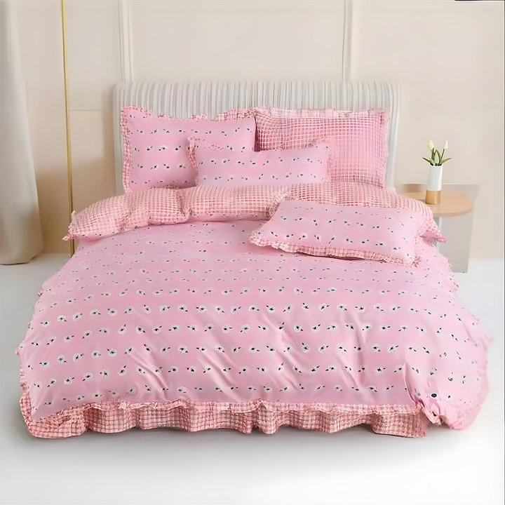 Pink Printed Cotton Bedsheet Set 6 PCs with Floral Checks Design - Soft Bedding (6TQ04)