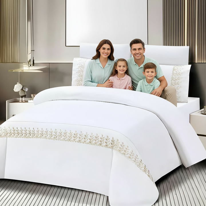 Premium Linen Bedding Set 6 PCs - Fitted Sheet, Duvet & Pillowcases Included (White Gold)