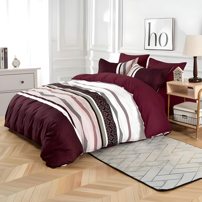 Maroon and white striped bedding set including bedsheet, duvet cover, fitted sheet, and pillowcases