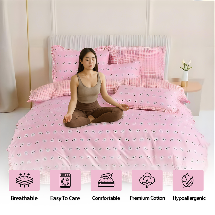 Pink Printed Cotton Bedsheet Set 6 PCs with Floral Checks Design - Soft Bedding (6TQ04)