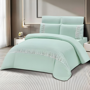 Mint green bedsheet set with elegant lace border and matching pillow covers