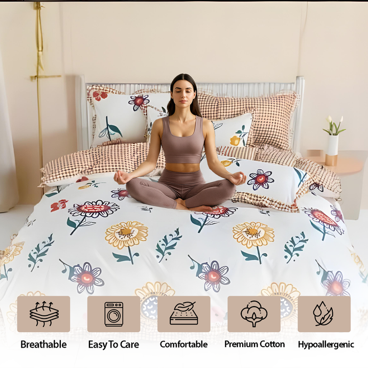Floral Printed Cotton Bedsheet Set 6 PCs with Sunflower  Design - Cheerful Style (6TQ03)