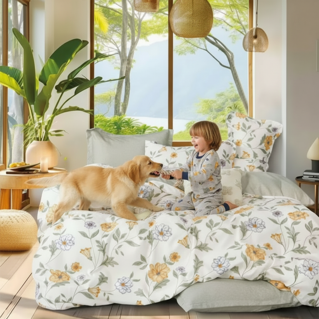 Soft white bed linen set featuring botanical artwork and leafy stems