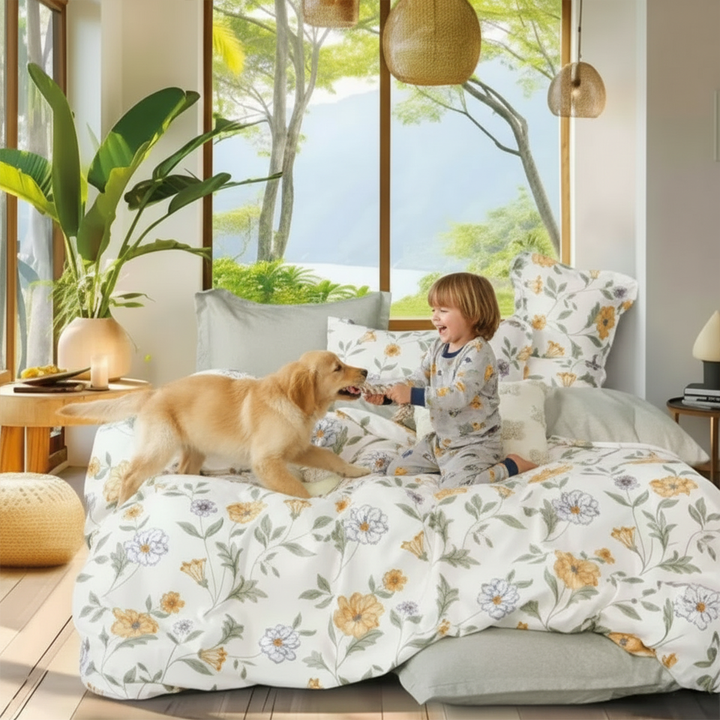 Soft white bed linen set featuring botanical artwork and leafy stems